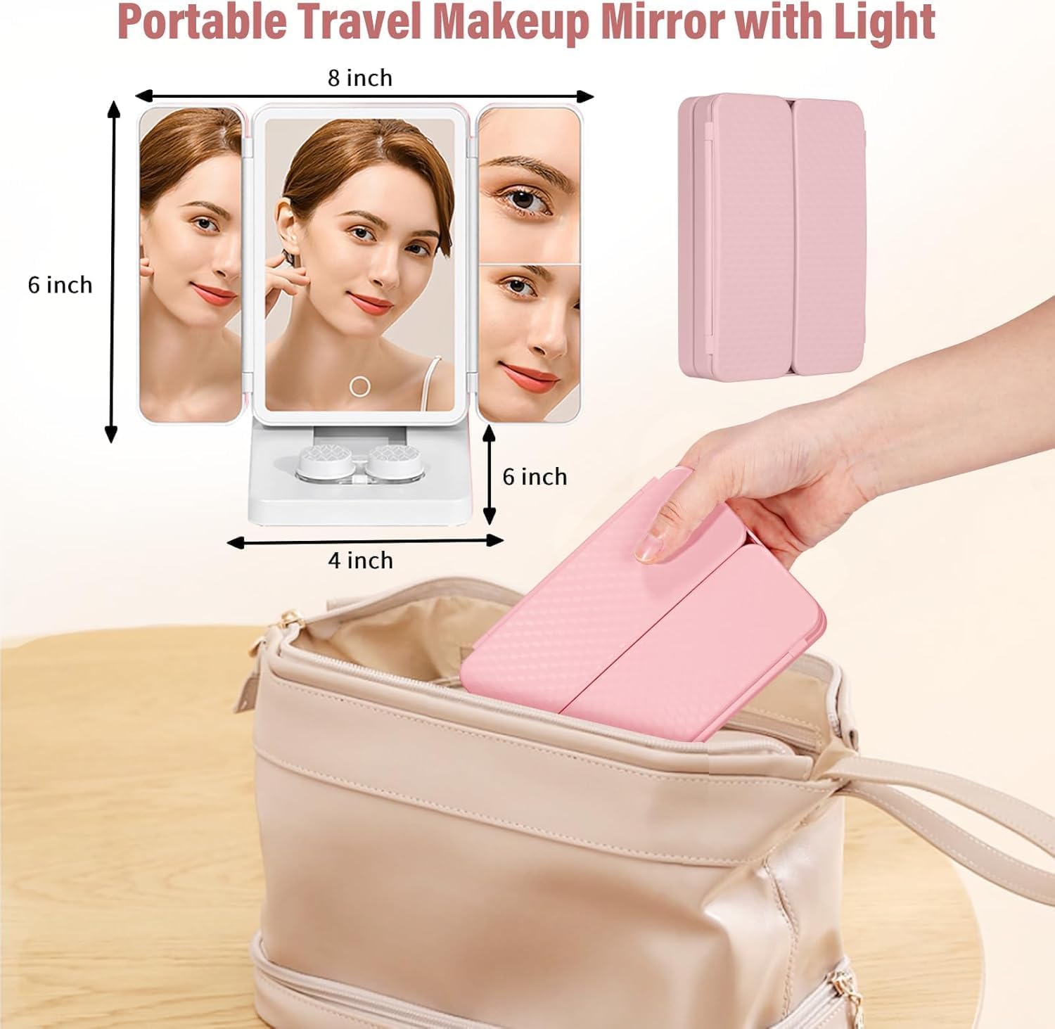 CHIDDHAN Tri-Fold Tricolor LED Vanity Mirror with Adjustable Warm/White/Neutral Light, Magnifying Sides & Portable Foldable Stand for Professional Makeup (White, Pink) 2