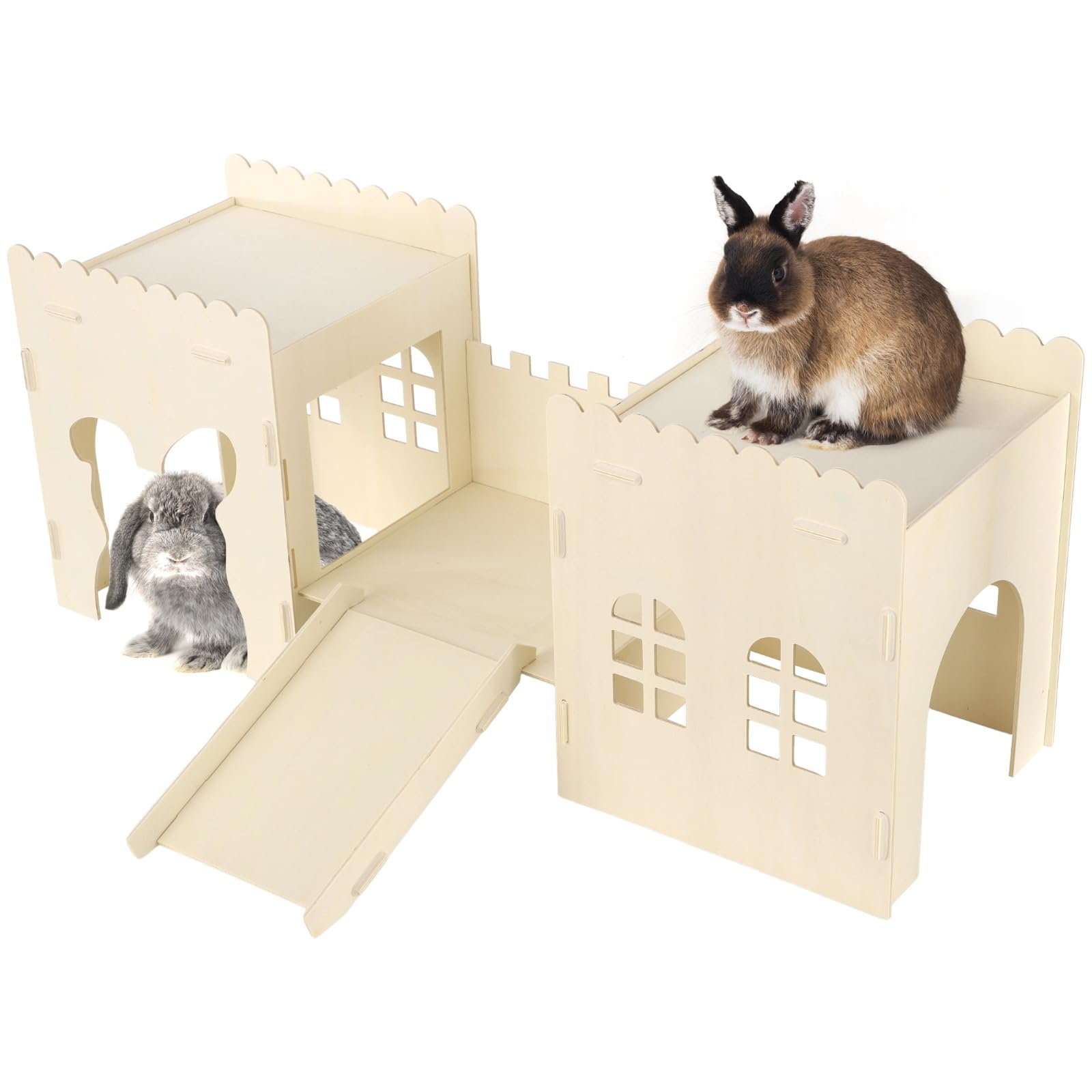 Casetta in legno per conigli, 32 in 3 stanze, casetta per piccoli animali domestici per cincillà e furetti, torre rampicante ventilata per porcellini d'India, habitat multilivello per giocare