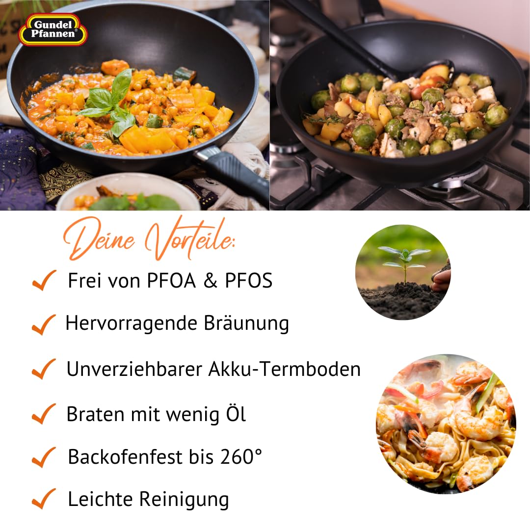Original Gundel GUSS-WOK INDUKTION, Ø 30 cm, Höhe 10 cm, Rühr-Pfanne PFOA-frei, Akku-Therm Boden – fester Stiel