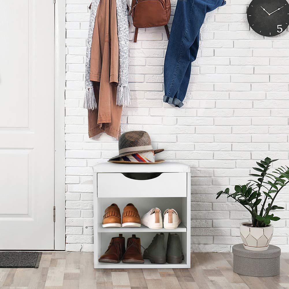 LiusinCompact Bench Shoe Storage with Top Cushion for Entryway Hallway - 2 Tier White Wood Upholstered Shoe Rack Storage Bench with Hidden Comprtment - 15.94 X 11.89 X 16.5 Inch