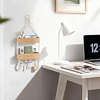 Vista 7 de Mkono Macrame Hanging Shelf for Bedside Shelf Organizer with Hooks, Boho Wall Decor Cute Wood Floating Shelves for Girls Bedroom Dorm Nursery, Wall