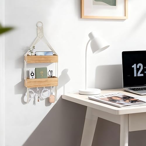Miniatura 7 de Mkono Estante colgante de macramé para mesita de noche, organizador con ganchos, decoración de pared bohemia, bonitos estantes flotantes de madera