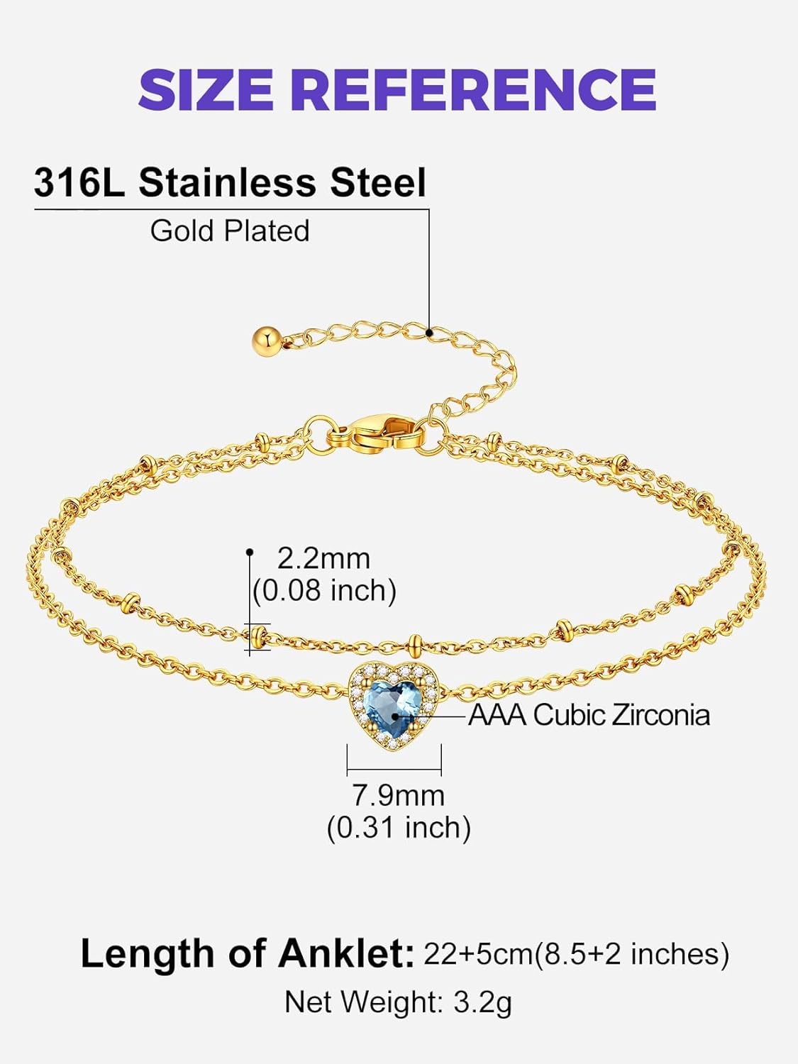 Richsteel Double Layer Heart/Butterfly Birthstone Anklet for Women Non Tarnish Waterproof, Silver/Gold/Black Stainless Steel 8.5-10.5 Inch Adjustable Chain Anklets Jewelry Gifts for Her - Image 5
