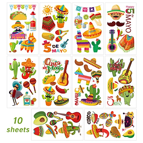 60 Pieces Cinco De Mayo Mexican Fiesta Tattoos for Teens, Fiesta Party Decorations, Taco Pinata Bachelorette Temporary Tattoo Stickers for Party Supplies Favors