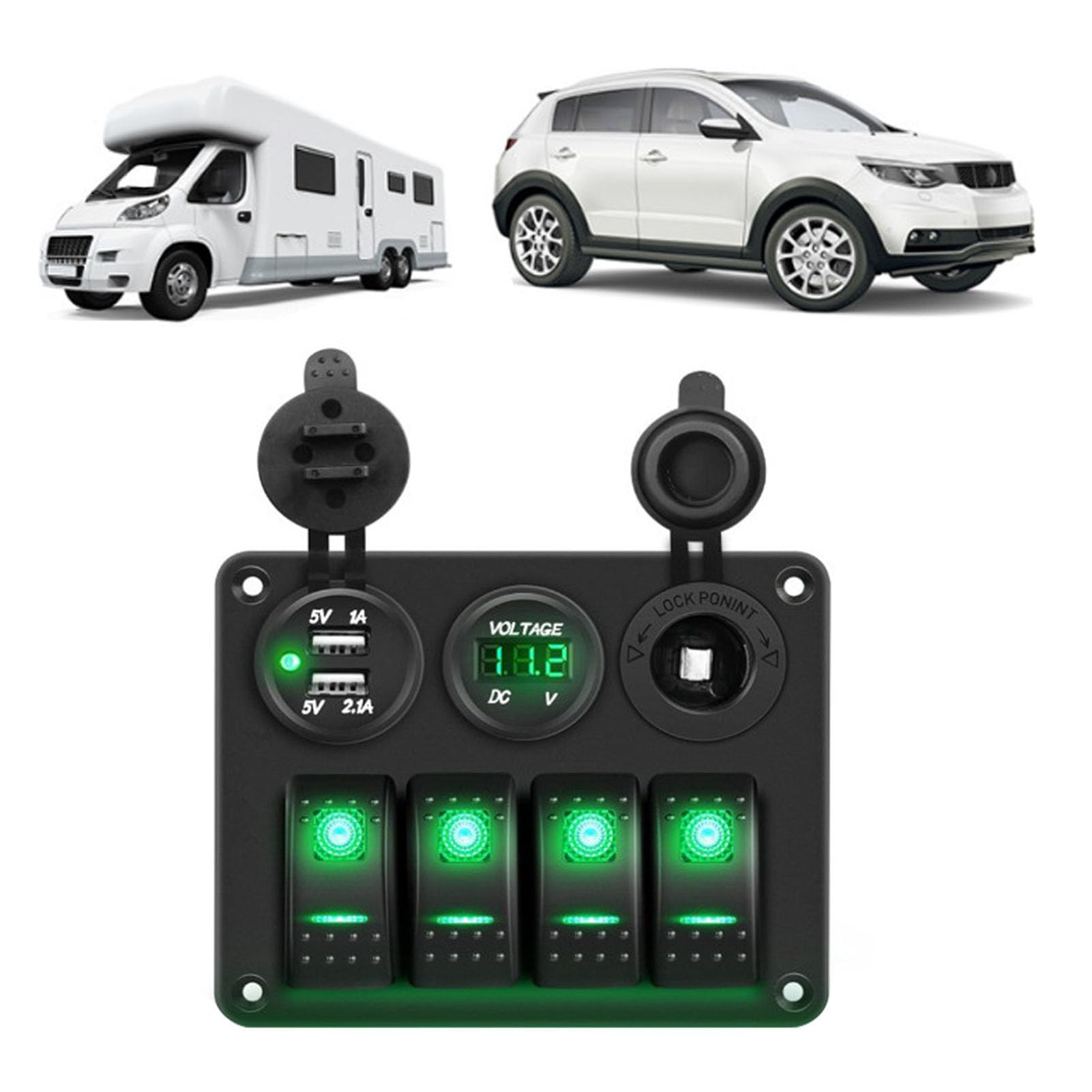 LED 4 Gang Boat Switch Pannello 12 V Voltmetro più Leggero 2 Voltmetro 2 Caricatore USB per Camions RVS Yacht (luce verde)