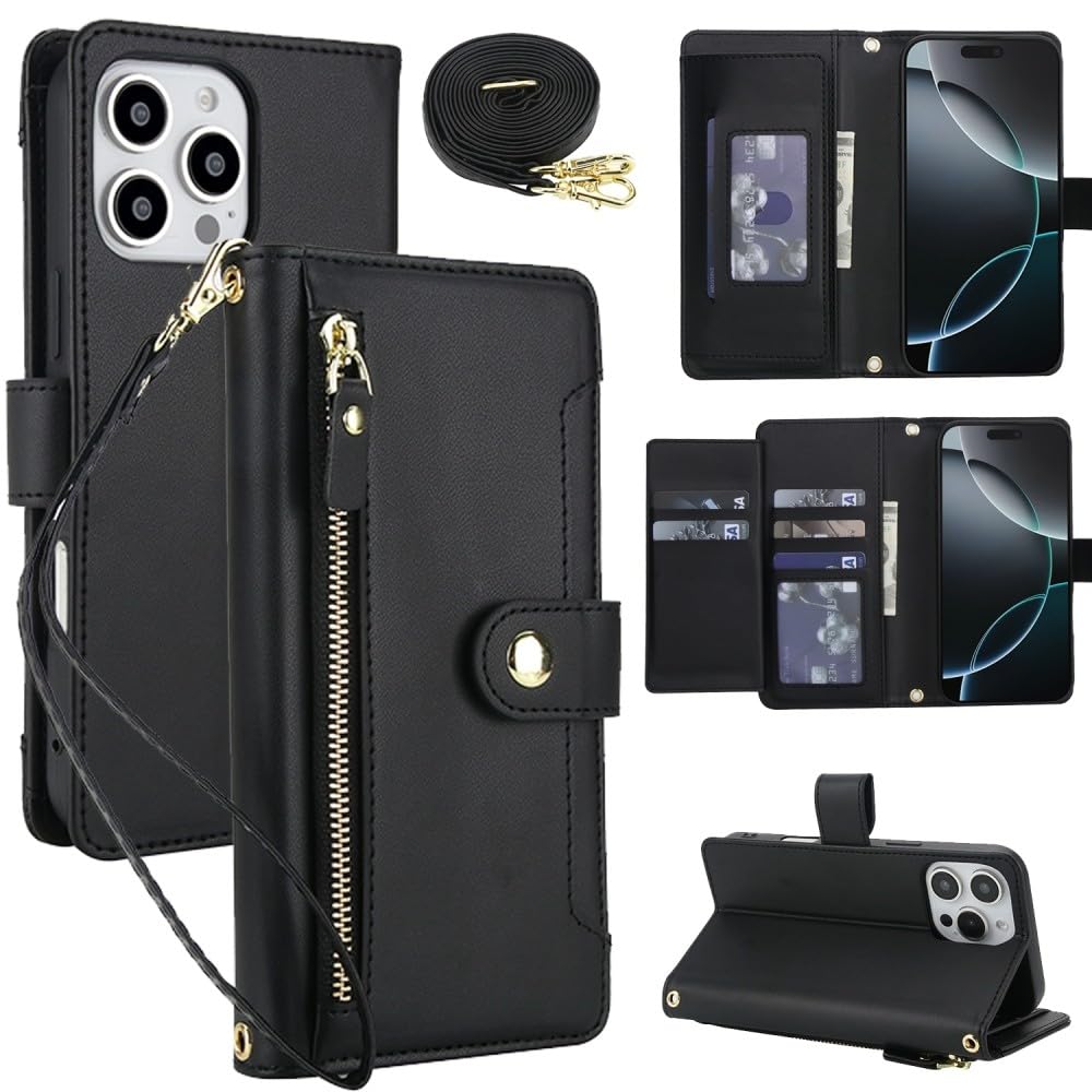 Generic - Funda para iPhone 13 mini (color: negro) con múltiples ranuras de piel con correa larga