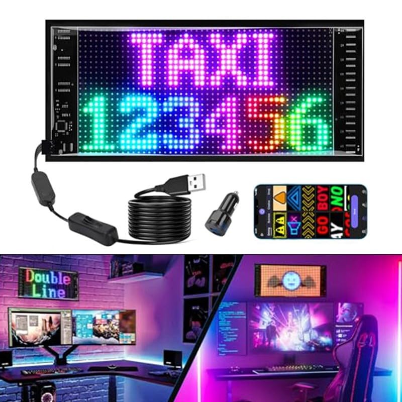 Panneau LED à défilement, panneau couleur RVB flexible, affichage LED programmable, motif de texte personnalisé, pour voiture, bar, fête, festival (20 x 64 (102 x 348 mm)
