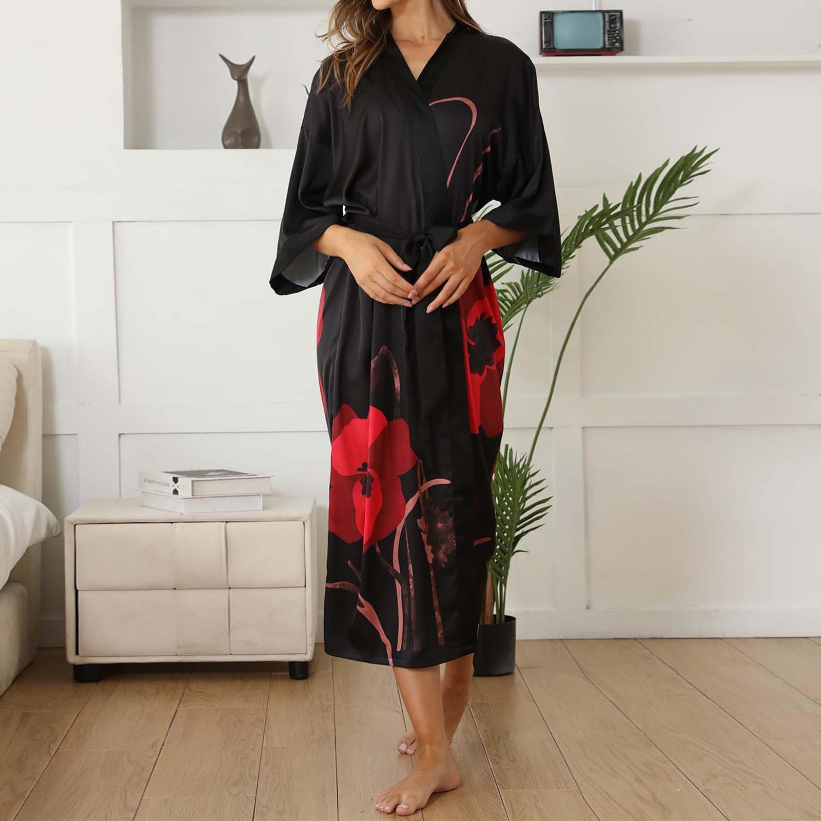 Generisch Lujoso kimono de satén con estampado floral para mujer, sensación fresca, manga 3/4, bata, ropa de dormir