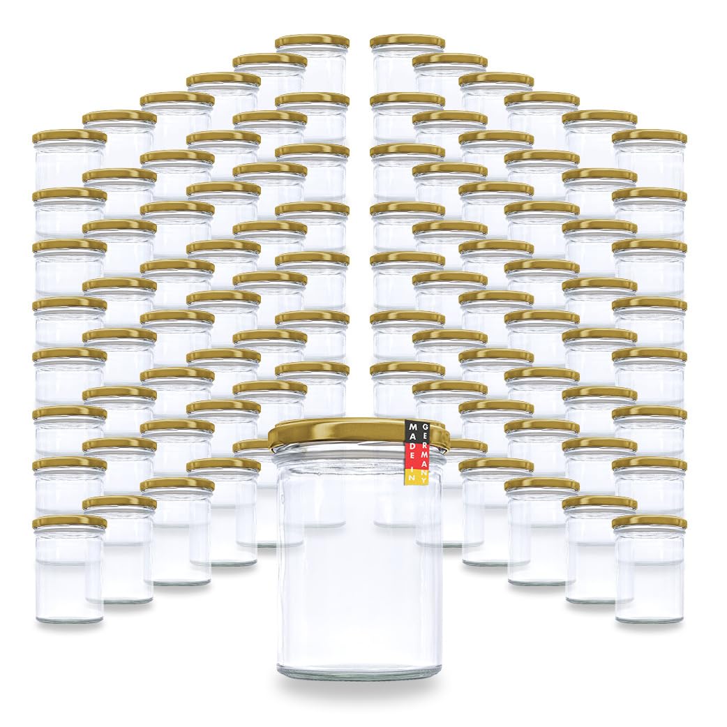 Flaschenbauer - Sturzgläser 430ml 96er Set - Einmachgläser mit Deckel TO82, Schraubgläser, Marmeladengläser, Einkochgläser zur Aufbewahrung, mit Twist-Off-Deckel - Made in Germany (Deckel Gold)