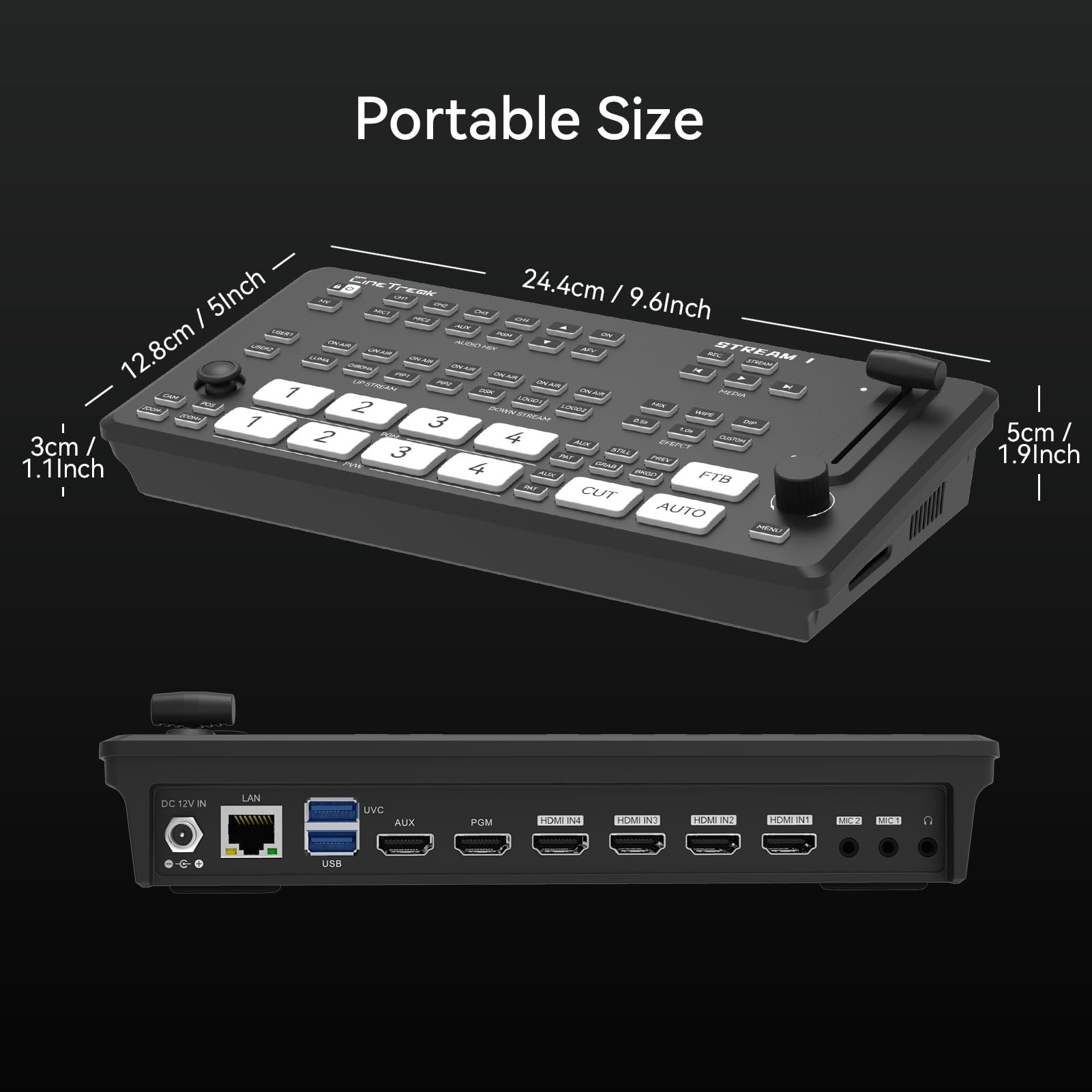 CINETREAK Stream 1 Live-Streaming Switcher 4 HDMI & AUX Eingänge, PTZ Steuerung, Dual RTMP Streaming, Chroma/Luma Key, Aufnahme & Wiedergabe sowie Landschafts- & Hochformat-Streaming (NDI Updatefähig)