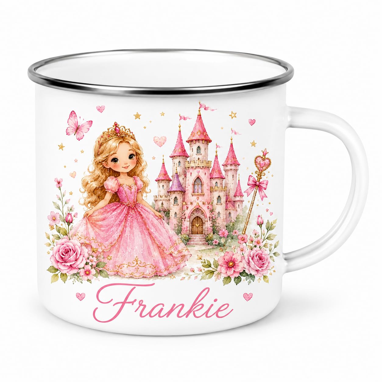 Personalised Children’s Enamel Mug – Toddler’s First Mug – Custom Kids Camping Mug – Cute Animal, Rainbow, Fairy & Princess Designs – Personalised Gift for Boys & Girls (Princess Enamel Mug)