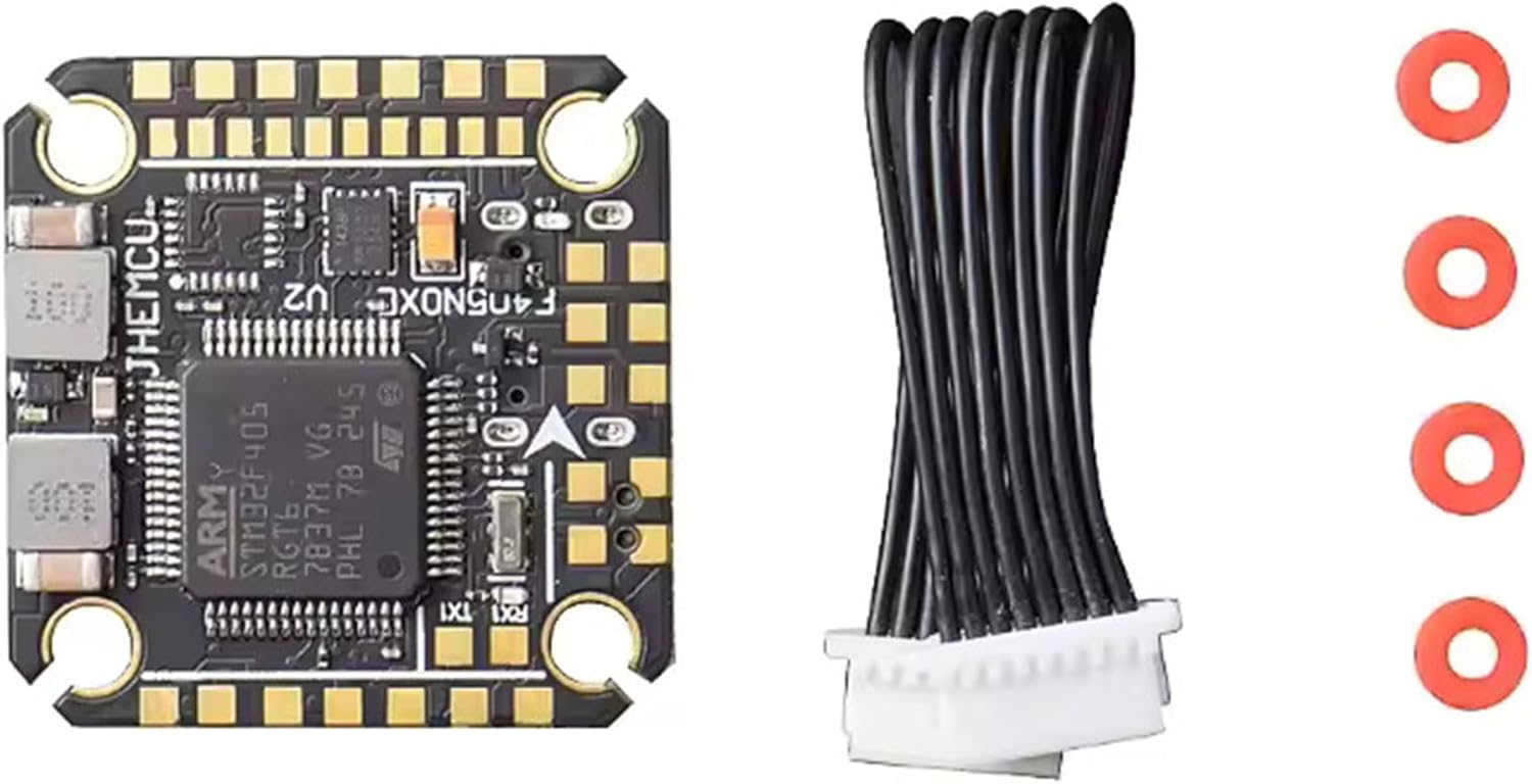 JHEMCU Noxe V2 F405 Flight Controller with included accessories: shock absorbers and connection cable.