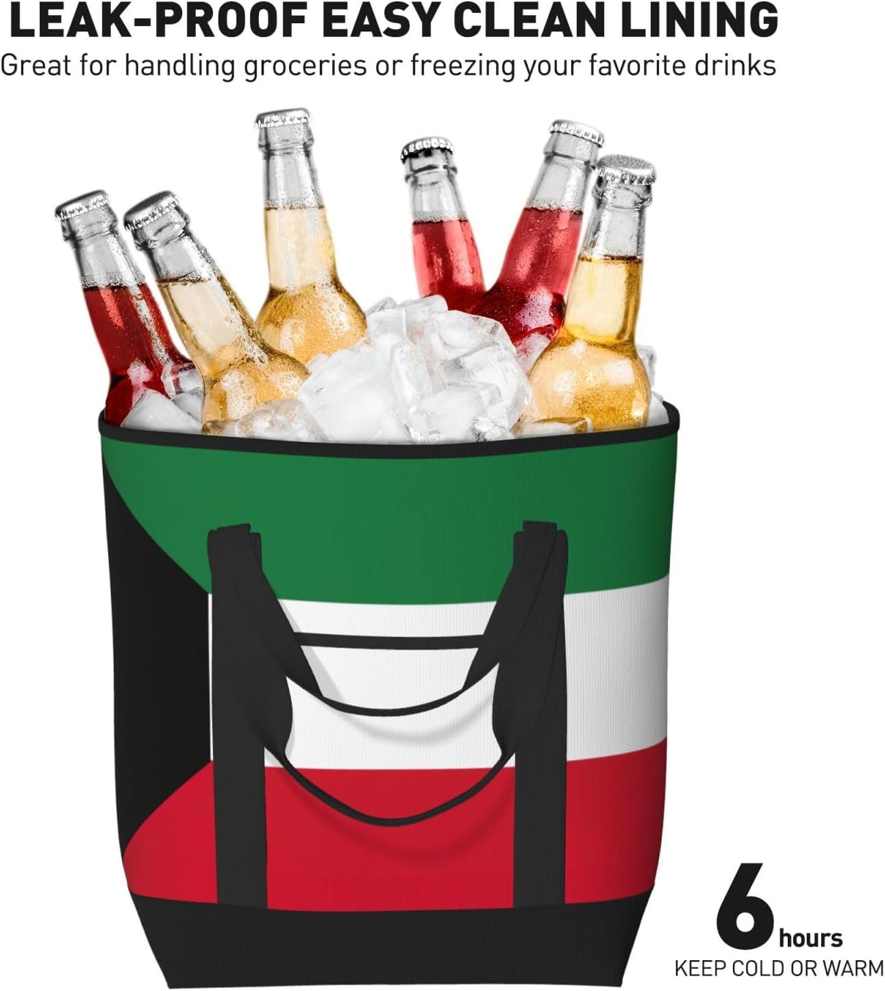 Kuwaiti Flag Print Large Cooler Bag Tote Bag,Reusable Grocery Bag,Lunch Box Bag, For Picnic Beach Camping