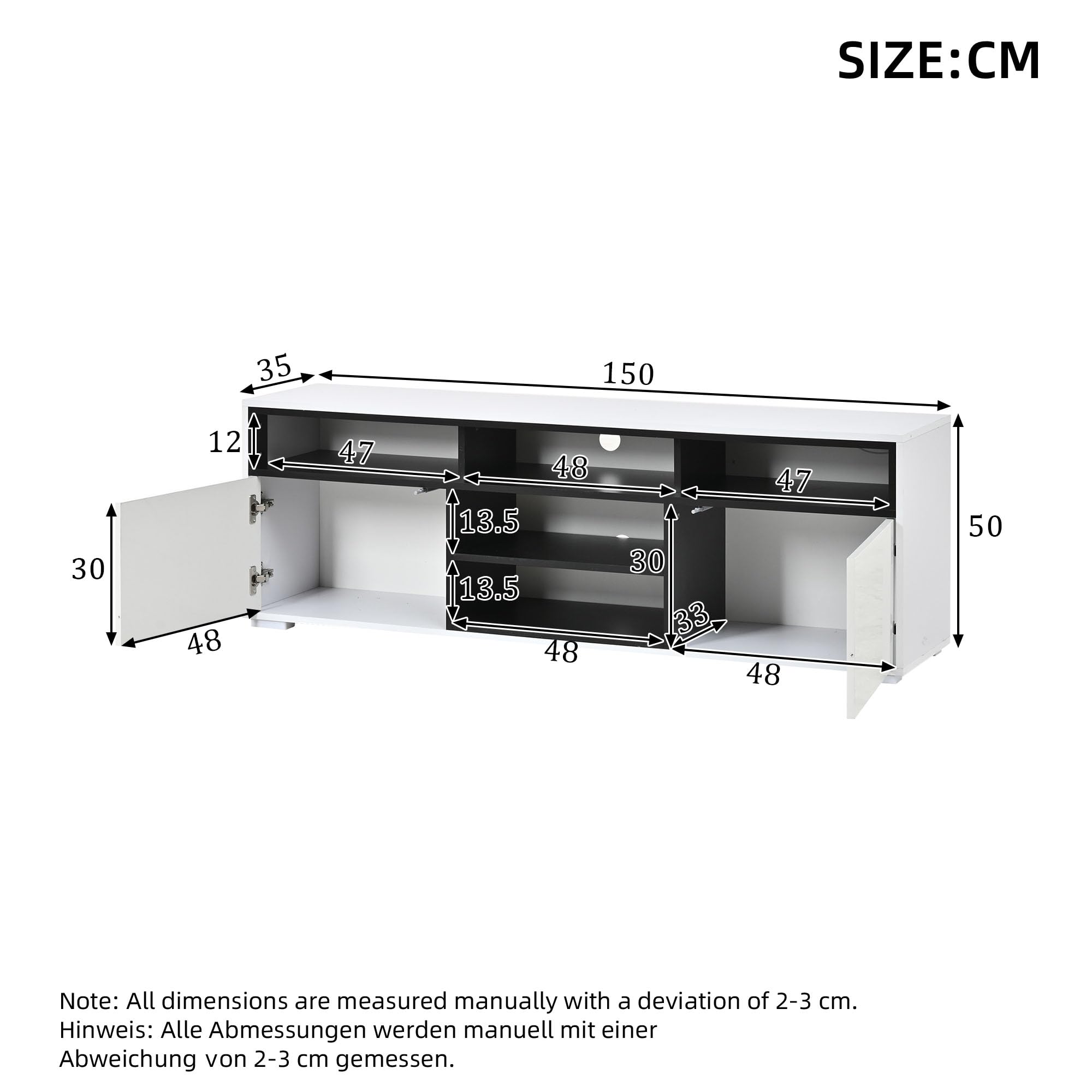 Mueble bajo para TV de alto brillo de 150 x 35 x 50 cm, con espacio de almacenamiento, 2 puertas, 8 almacenes, color blanco