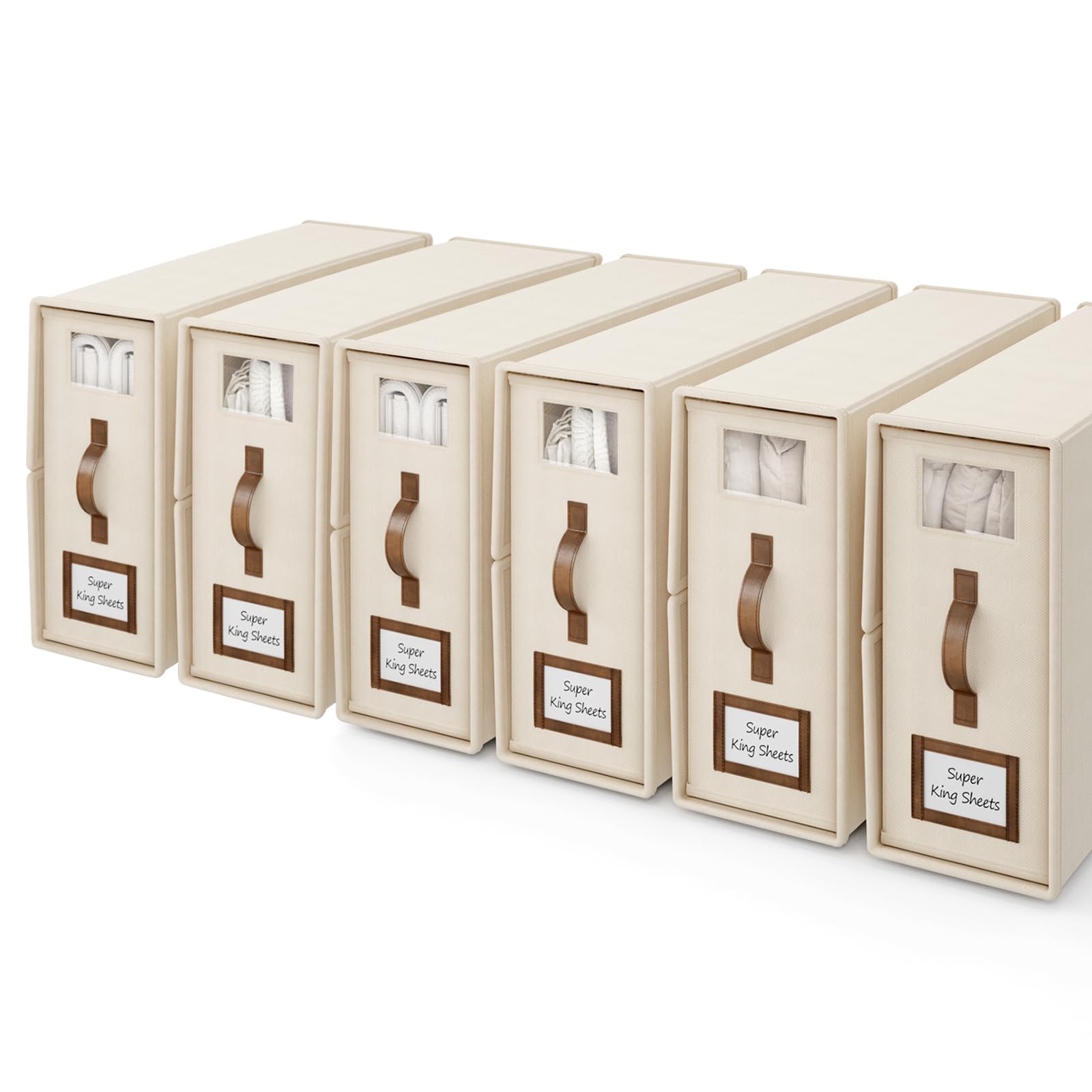 BigPonPon 6 Pack Foldable Bed Sheets Set Organizers and Storage(Cal King Size),Linen Fabric Closet Organizers with Window,Folding Bedding Storage Box