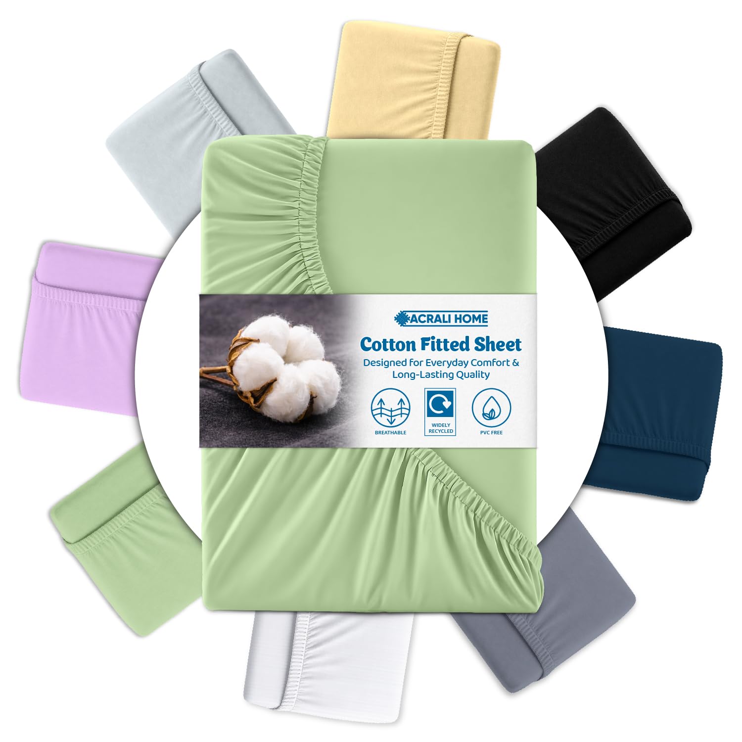 Acrali Home Sage Green Egyptian Cotton King Size Fitted Sheets 150x200 cm - 200 Thread Count, Deep Pocket - Ultra Soft Hotel Quality, Breathable & Hypoallergenic Bottom Bed Sheet โ image 1