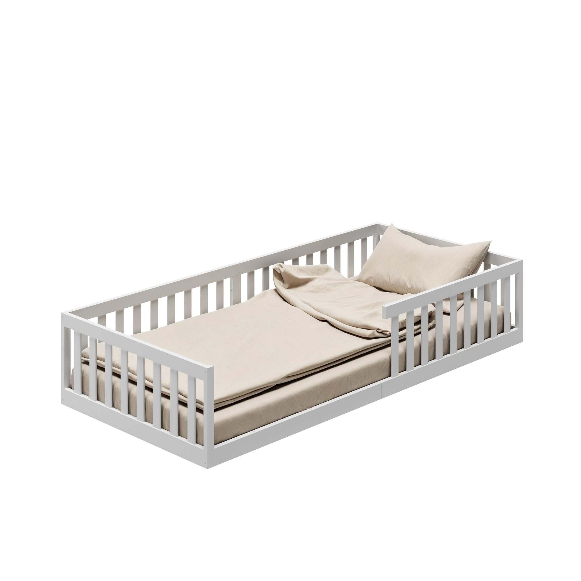 Kids Collective Kinderbett Bodenbett 90x200 cm mit Rausfallschutz & Lattenrost Montessori Bett Bed Gitterbett Kinder Jugendbett Einzelbett | Weiß | weitere Größen 120x200 140x200 cm