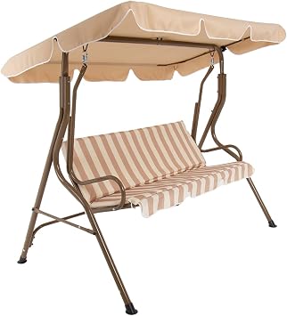 CHARLES BENTLEY 2-3 Seater, Garden, Patio, Outdoor, Swing Seat Hammock Chair, Beige, White Striped, Weatherproof, Swinging Function, Thick Seat, Back Cushion, Steel Frame, Easy To Use 173x111x154cm