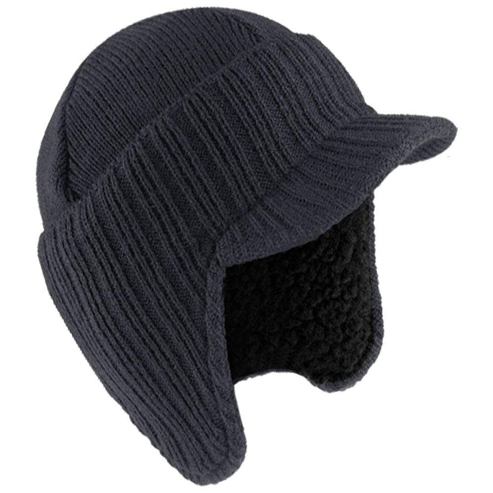 Rockjock Men's Grey Knitted Peaked Winter Hat Cap Beanie With Fleece Lining-Charcoal