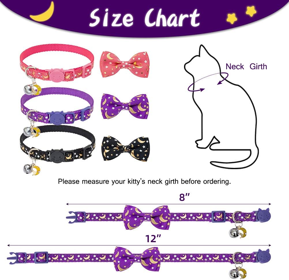 BINGPET Breakaway Cat Collar with Bell 3 Pack, Adjustable Luminous Kitten Collar with Star & Moon Patterns, Removable Bow Tie, Glow in The Dark