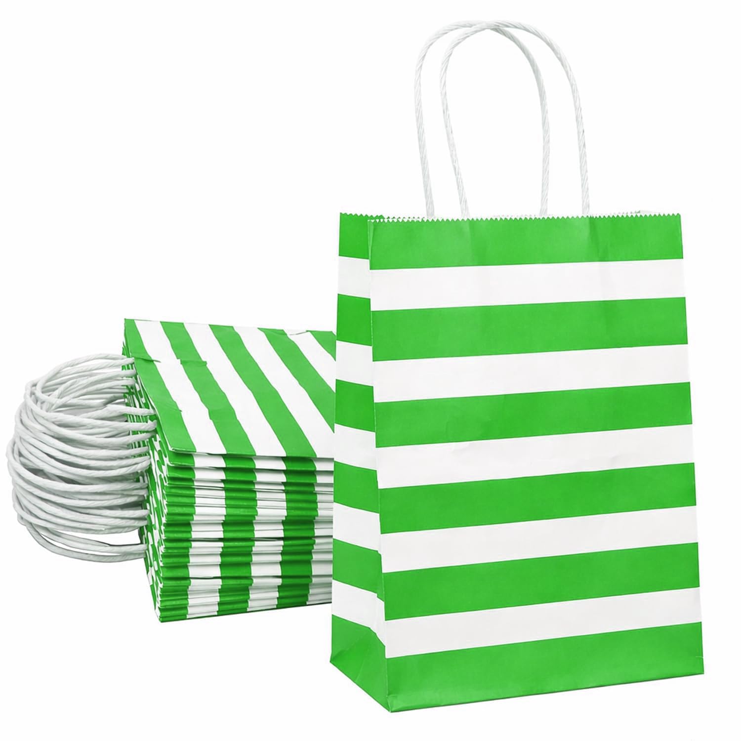 Aakriti Paper Gift Bags with Handles for Return Gifts, Party Favors & Shopping | Green & White Striped Design | 50 pcs | 10 x 4 x 12 Inch Medium | Retail Packaging Bags