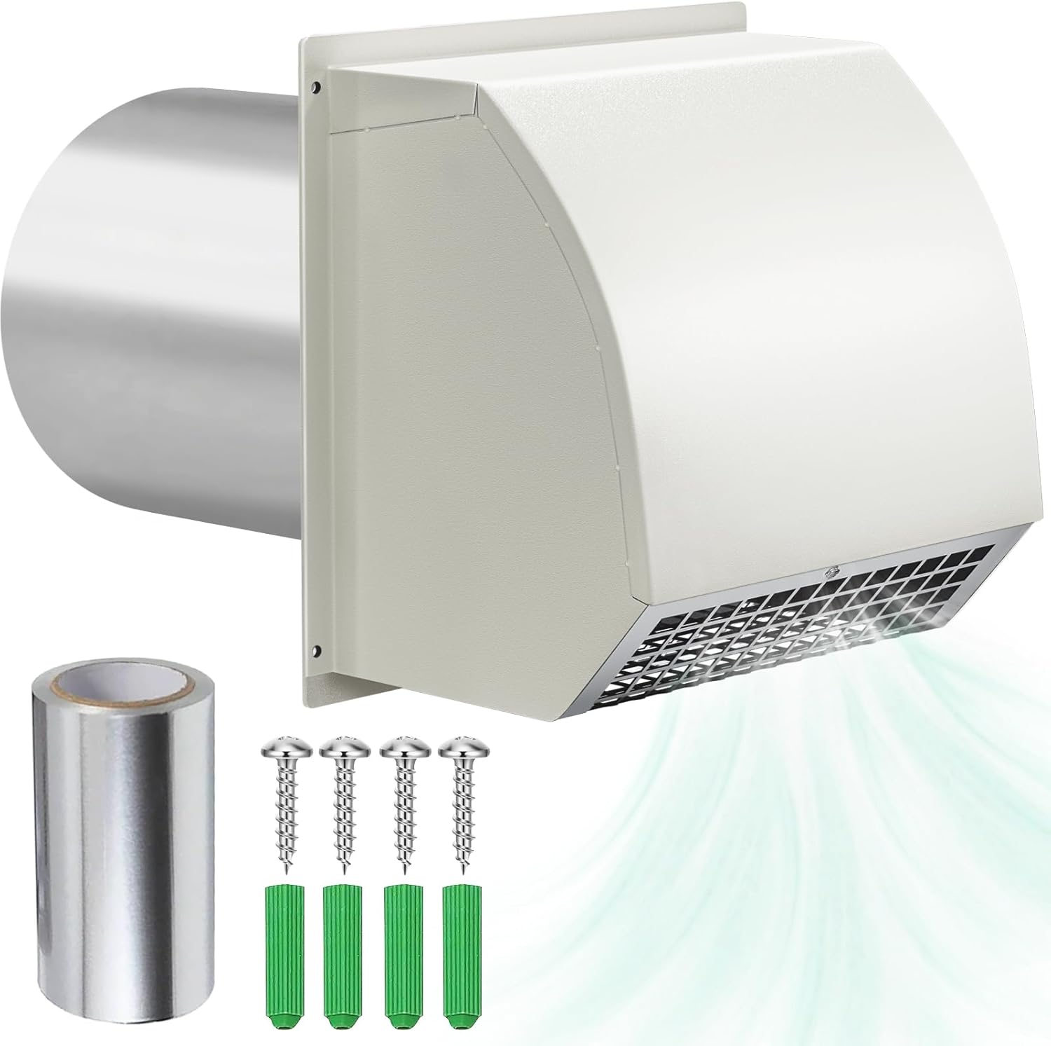 6 Inch Wall Vent Cover with Damper & Screen, Exterior Hooded Exhaust Vent Cap for Kitchen Range Hood, Dryer, Bathroom Fan, HVAC Duct, Outdoor Air Ventilation, Galvanized Steel, White