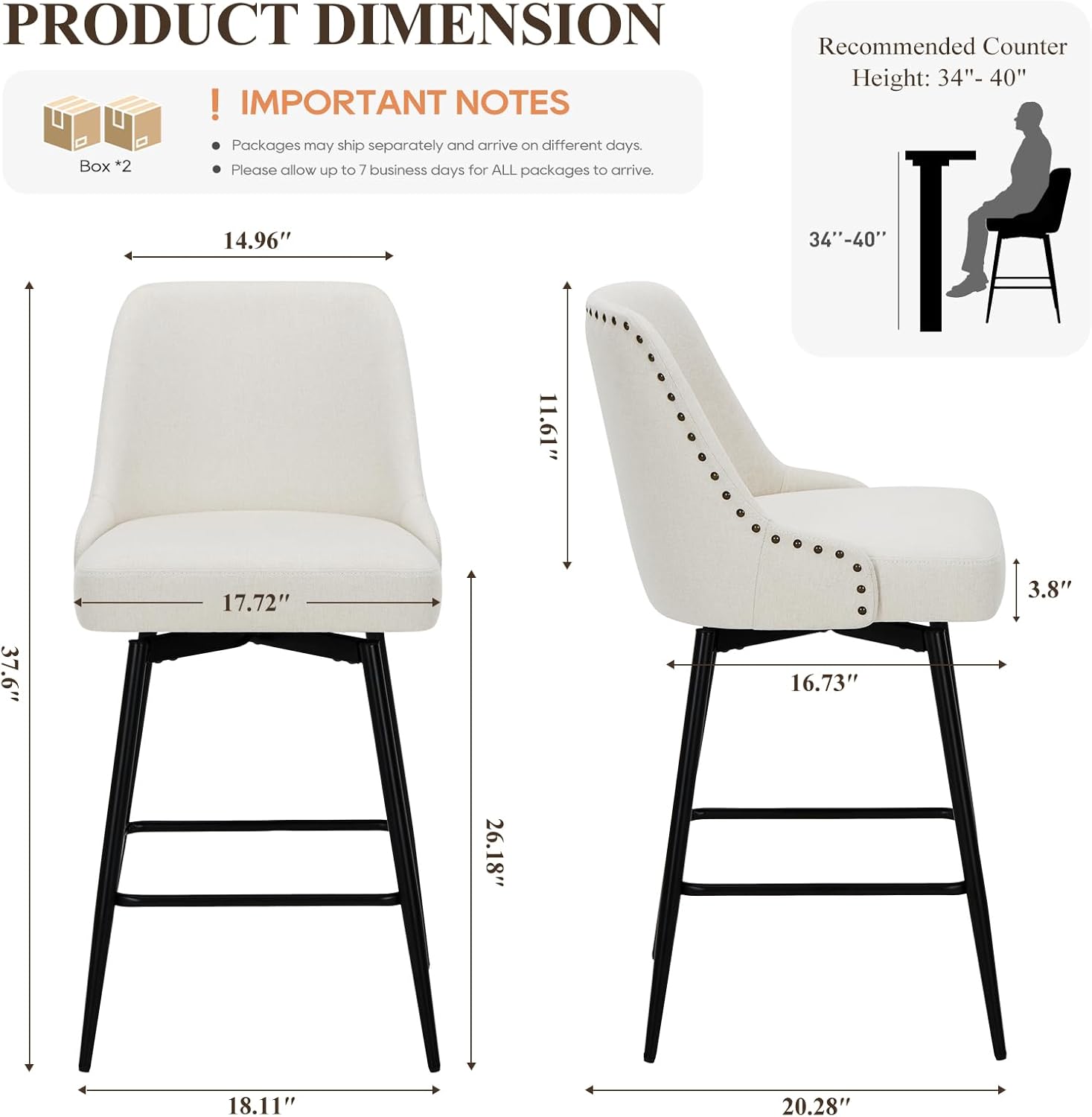 colamy bar stools set of 4, 26.18" counter height swivel stools with thick padded seat, adjustable footrest & 360° rotation, soft fabric upholstery for kitchen island/home bar/cafe, beige