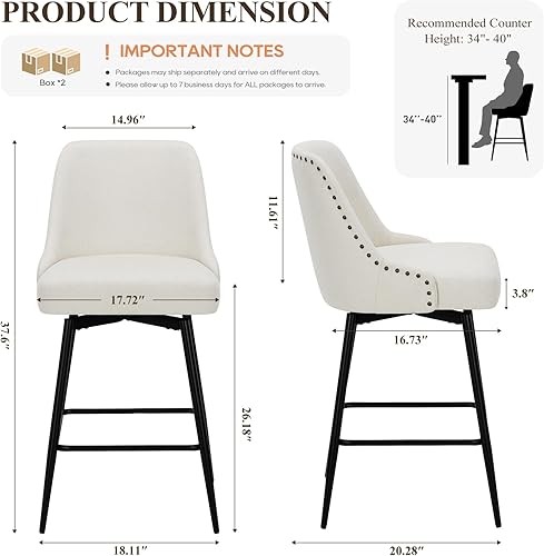 Miniatura 2 de Colamy Juego de 4 taburetes de bar, 26.18 pulgadas de altura de mostrador con asiento acolchado grueso, reposapiés ajustable y rotación de 360,