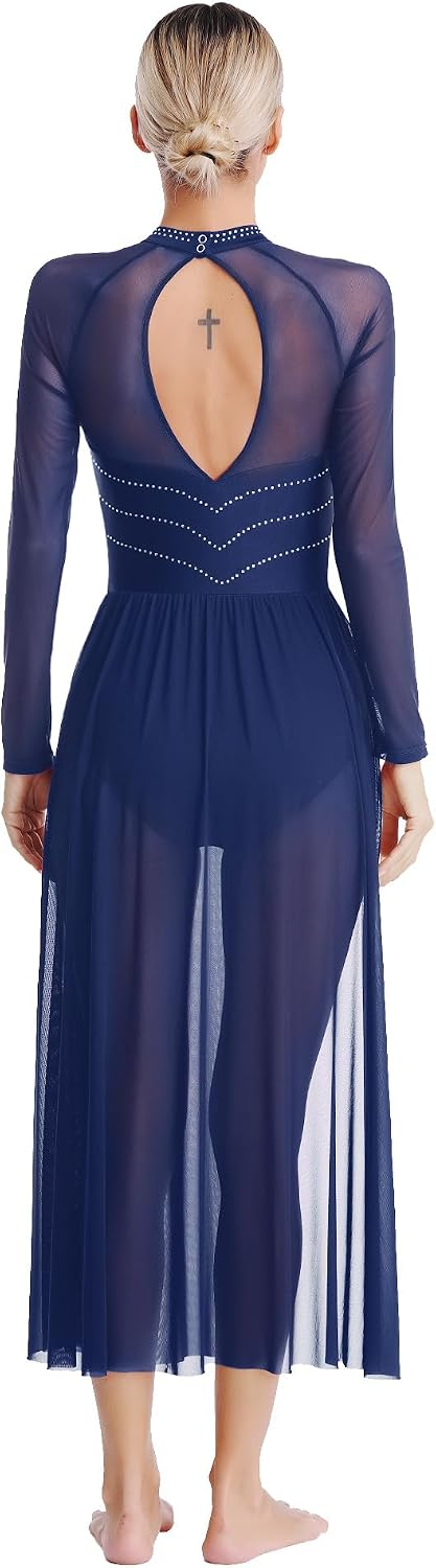 Women Long Ballet Lyrical Dance Dress Rhinestone Flowy Maxi Dresses Long Sleeve Split Ballet Leotard