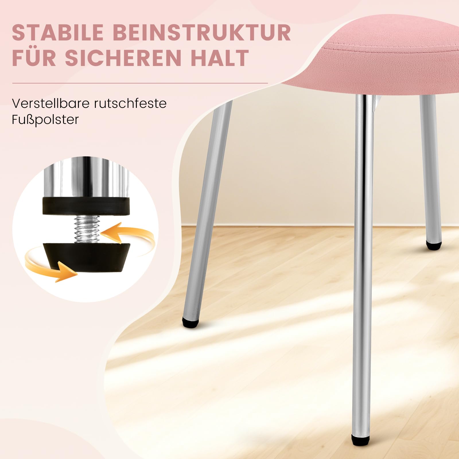 Hellove Cute Schminktisch Hocker, Kleiner Samt Schminkstuhl Armloser mit gewölbter Sitzfläche & Silber Metallbeinen, Sitzhocker Fußhocker Makeup-Hocker Stool für Schlafzimmer Wohnzimmer, Rosa