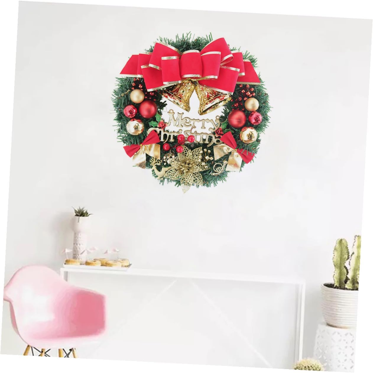 Generic Christmas Door Wreath with Red Reindeer Garland for Front Porch Entry Staircase Hallway Decoration Holiday Home Office Cafe Festive Decor