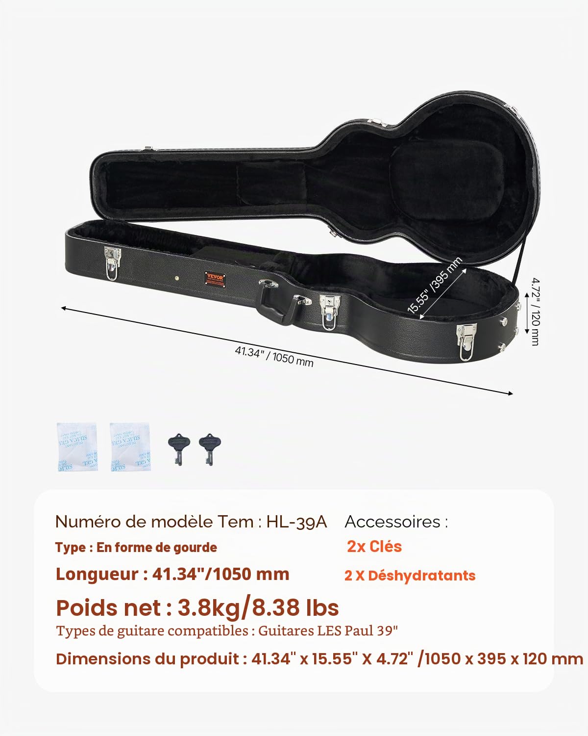 VEVOR Étui Guitare Électrique Rigide en Forme Gourde 1050 mm avec Verrouillage à Clés, Poignée, Rembourrage PVC, Doublure Souple, Résistants à l'eau, pour Guitares Électriques de 39 po 99 cm, Noir