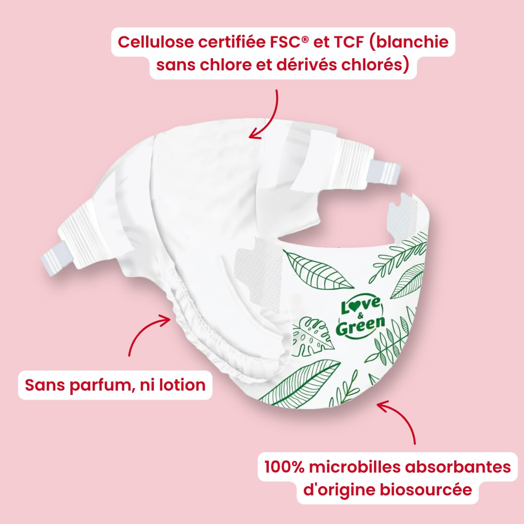 Love & Green - Zdrowe i ekologiczne pieluchy dla niemowląt - Rozmiar 4 (7-14 Kg) - Opakowanie 1 miesiąc (184 pieluchy) - chłonne, nieprzeciekające i bez niepożądanych składników
