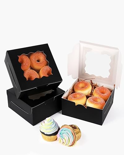 Miniatura 3 de qiqee Caja de panadería negra con ventana, 60 paquetes de 6 x 6 x 3 pulgadas, cajas de galletas negras para pastelería para bodas, cumpleaños y