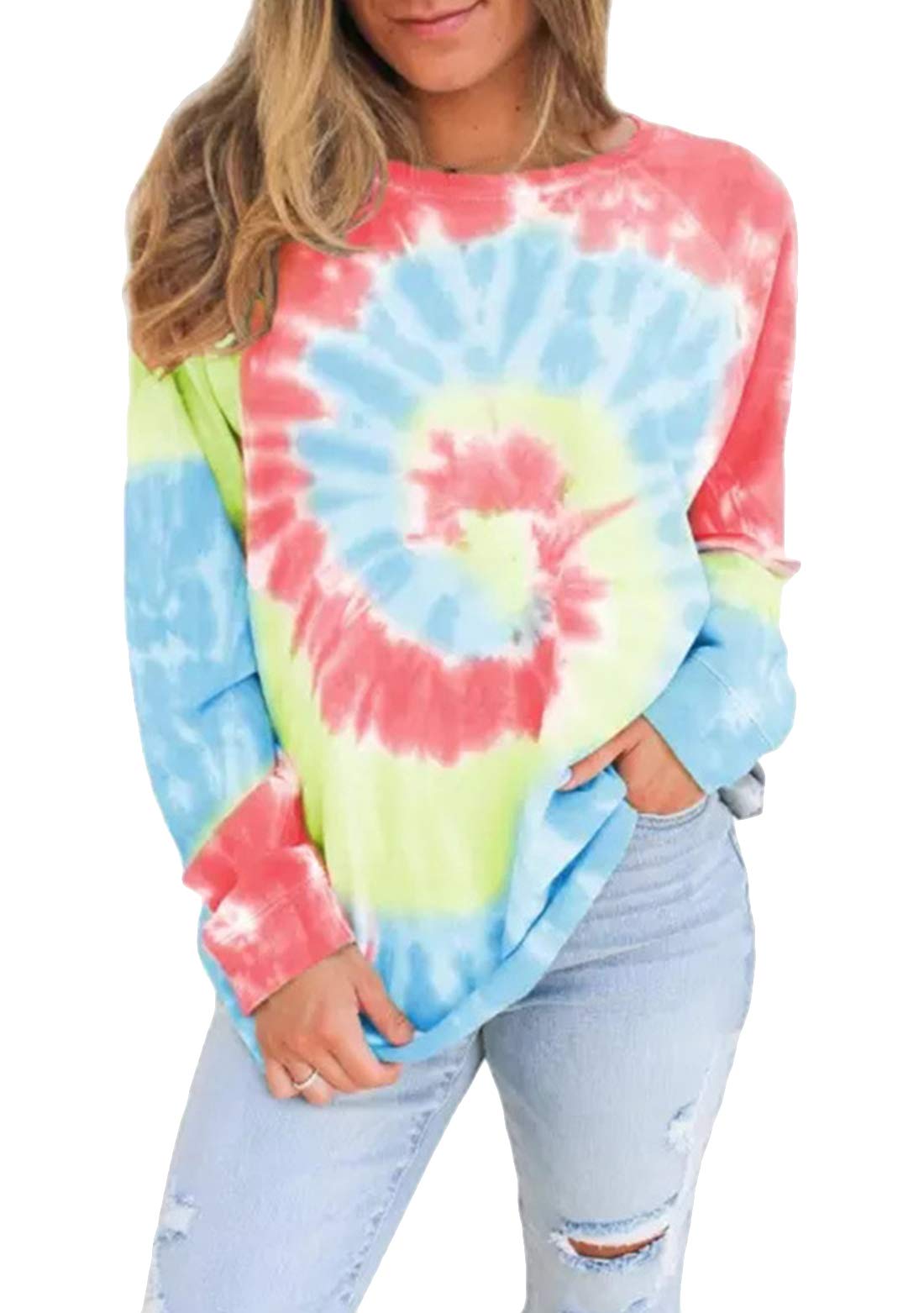 OMZINWomen's Casual Color Block Tie Dye Crewneck Shirt Long Sleeve Loose Pullover Sweatshirt Tops
