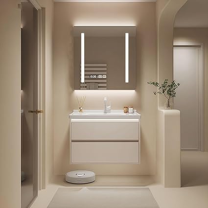 Modern Wall Mounted Floating Bathroom Vanity with Integrated Ceramic Sink, No Assembly Required, Hanging LED Intelligent Lighted Sensor and Demisting Mirror, Cabinet Spaces