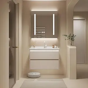 Modern Wall Mounted Floating Bathroom Vanity with Integrated Ceramic Sink, No Assembly Required, Hanging LED Intelligent Lighted Sensor and Demisting Mirror, Cabinet Spaces