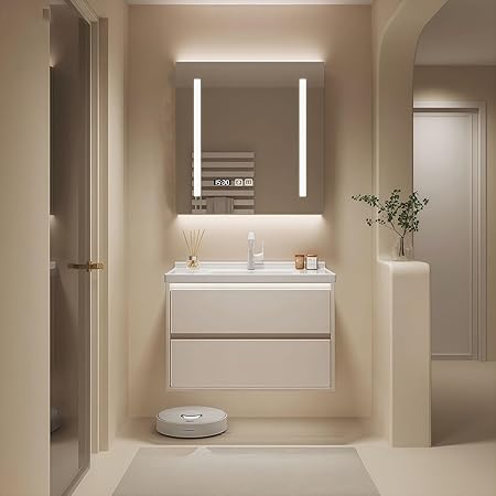 Modern Wall Mounted Floating Bathroom Vanity with Integrated Ceramic Sink, No Assembly Required, Hanging LED Intelligent Lighted Sensor and Demisting Mirror, Cabinet Spaces