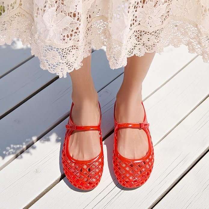 Mary Jane Jelly Mesh Hollow Flat Sandals for Women, Closed Cute Trendy No Slip Causal Comfortable Closed Toe Flat Jelly Sandals, Summer Mesh Walking Lightweight Running Beach Travel2