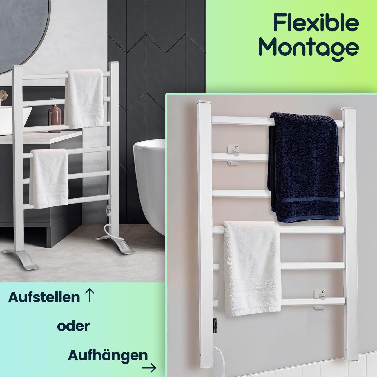 ideoon Elektrischer Handtuchtrockner 105 Watt, zum Aufstellen und Aufhängen - freistehend & wandmontierbar - Schnelle Trocknung & warme Handtücher