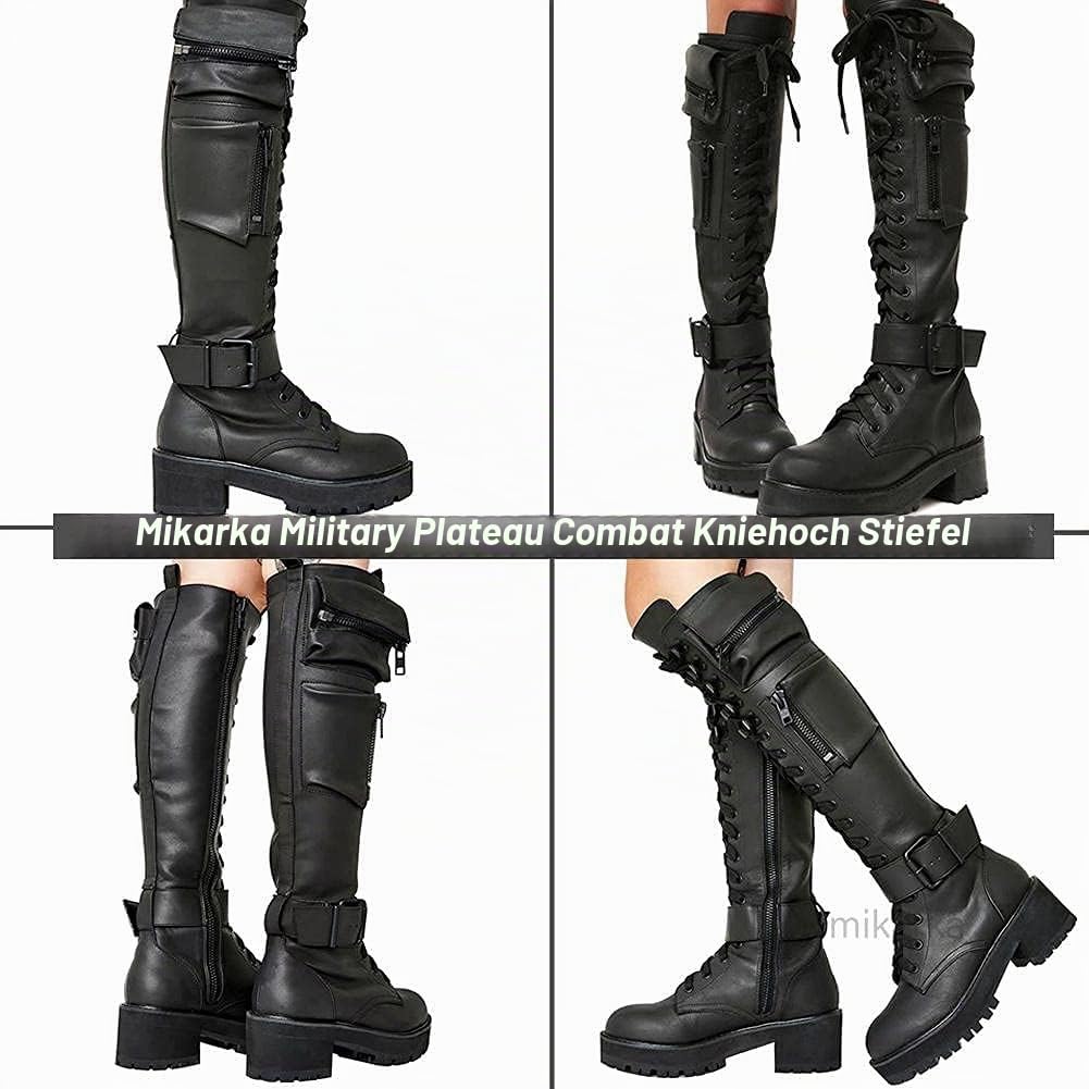 Frauen Schnalle Kampf Plateaustiefel - Schnüren Blockabsatz Motorrad Kniehohe Stiefel Mit Versteckter Tasche - Militär Stiefel (Black, 40 EU)