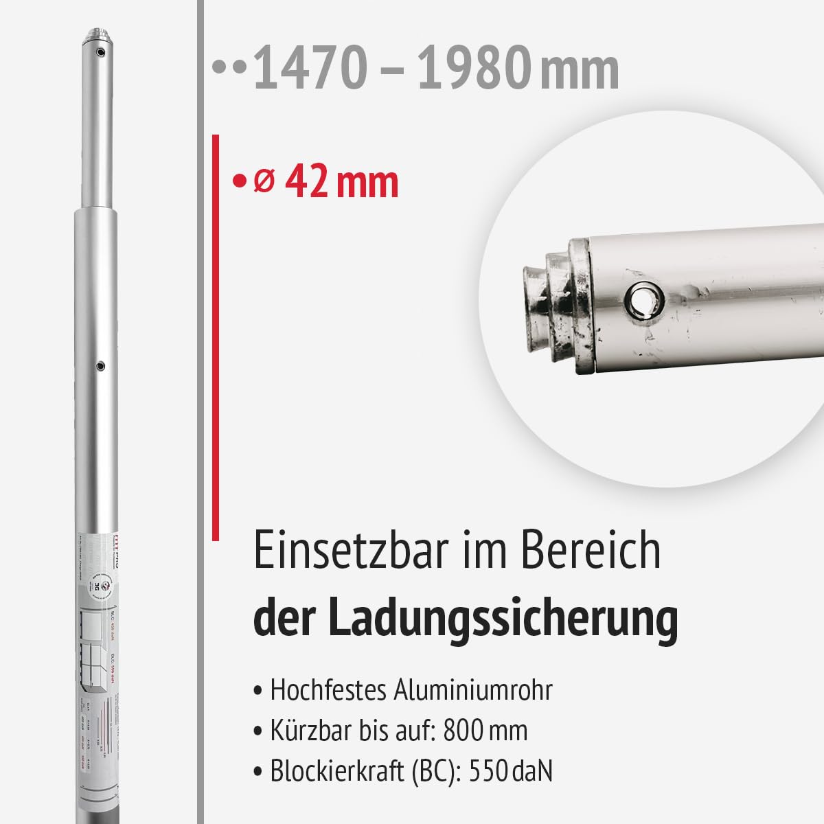 Rundsperrbalken Alu verstellbar Einsatzbereich: 1470 – 1980 mm | Sperrstange | eloxiertes Aluminium | mit Kombizapfen | für Airline- und Zurrschienen