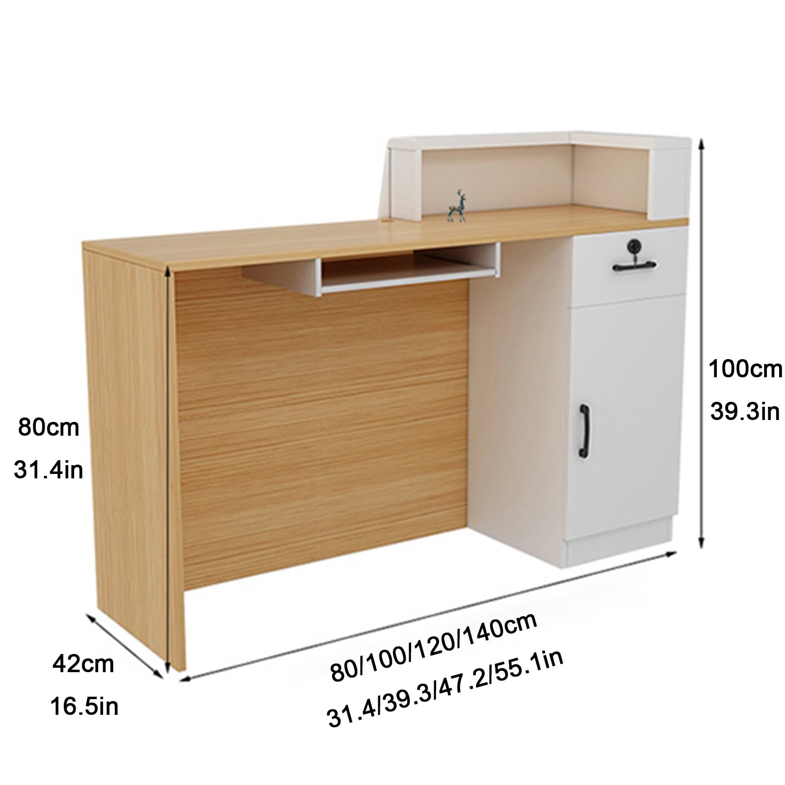 Nowoczesna recepcja z blatem, stół detaliczny z szufladą i szafką, idealne do salonów, sal imprezowych i kas, długość 140 cm