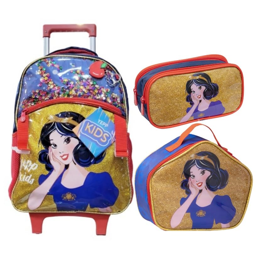 Kit Escolar Mochila de Rodinha Lancheira Térmica e Estojo Duplo Princesa Branca de Neve Yepp MIF5330 (Amarelo)