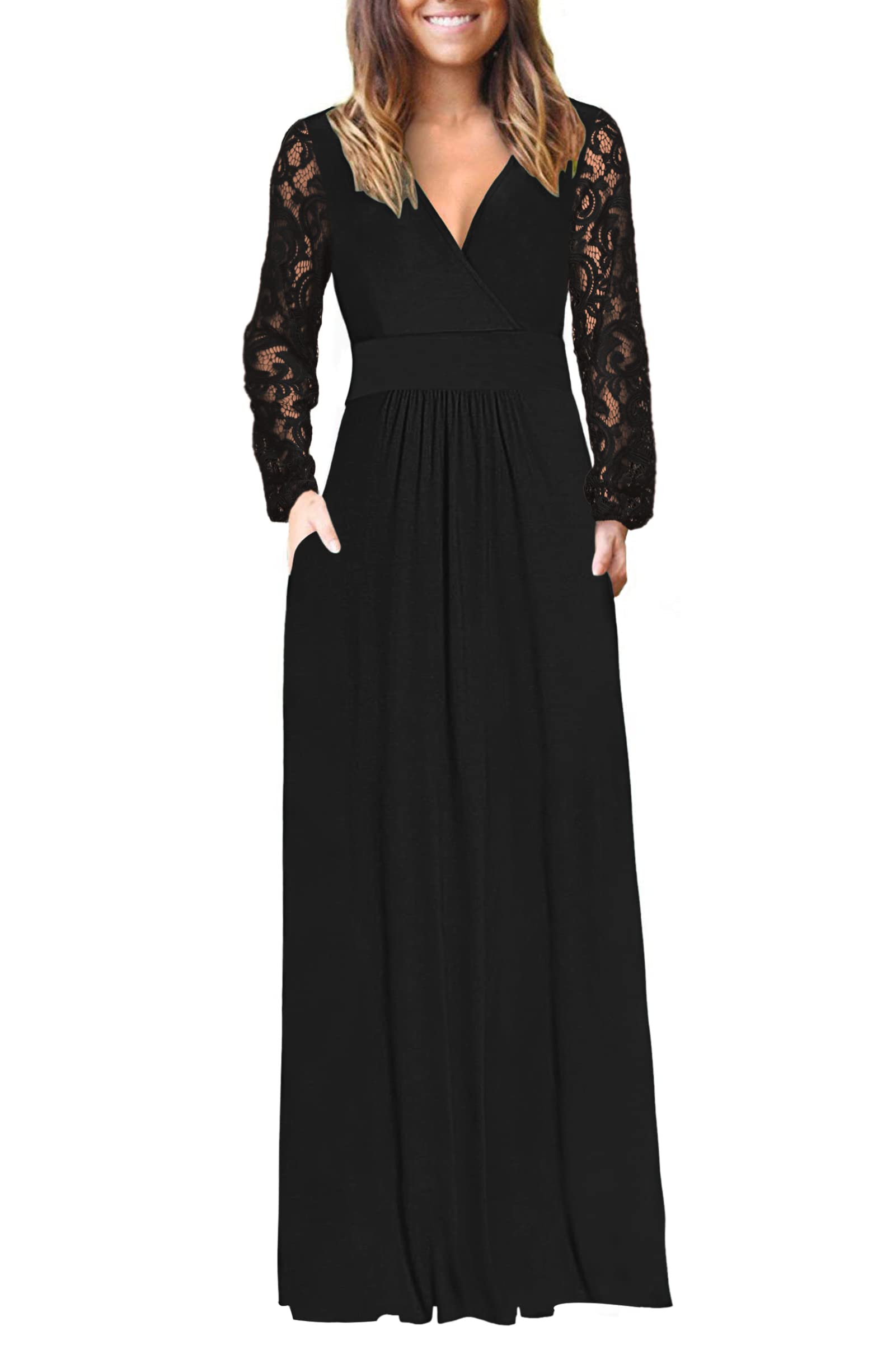 AUSELILY Womens Long Sleeve Maxi Dress 2025 Fall Lace Sleeve Dress V Neck Wrap Waist Long Dresses with