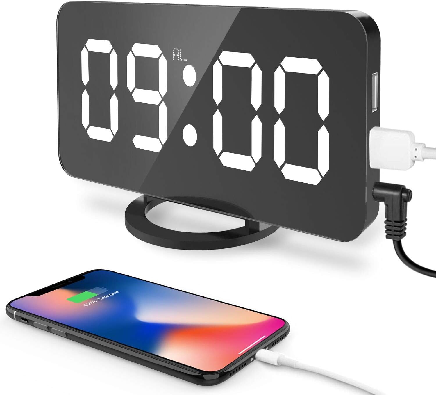 Digital LED Alarm Clock, 6.5'' Large Display Alarm Clock with Dual USB Charger Port, Dimmer and Big Snooze, Mirror Surface, Suitable for Bedroom, Home, Office Décor