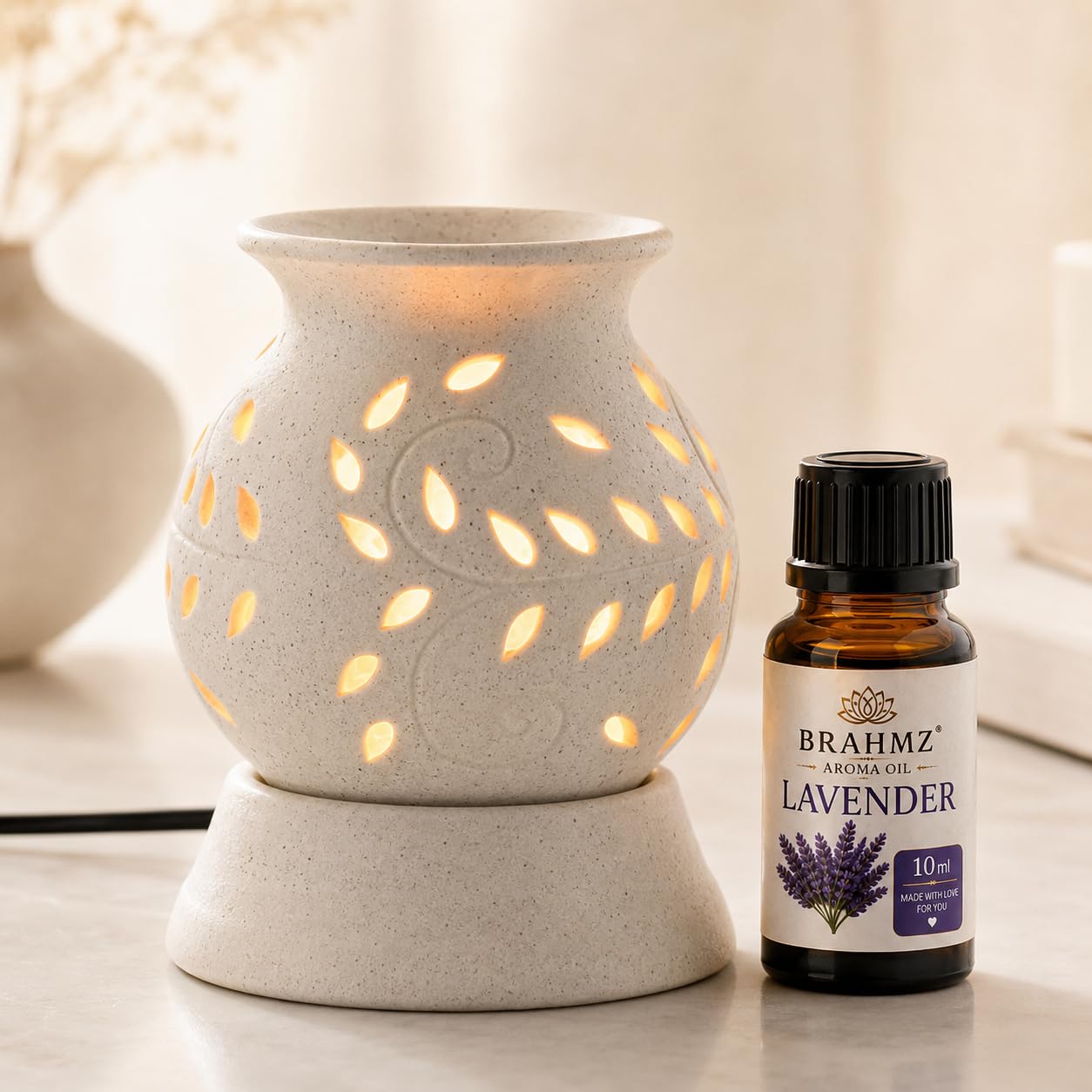 BRAHMZ Ceramic Electric Aroma Oil Diffuser Electric Ancient Matki Diffuser With Bulb (White - With 10Grams Lavender Aroma Oil)-image-22