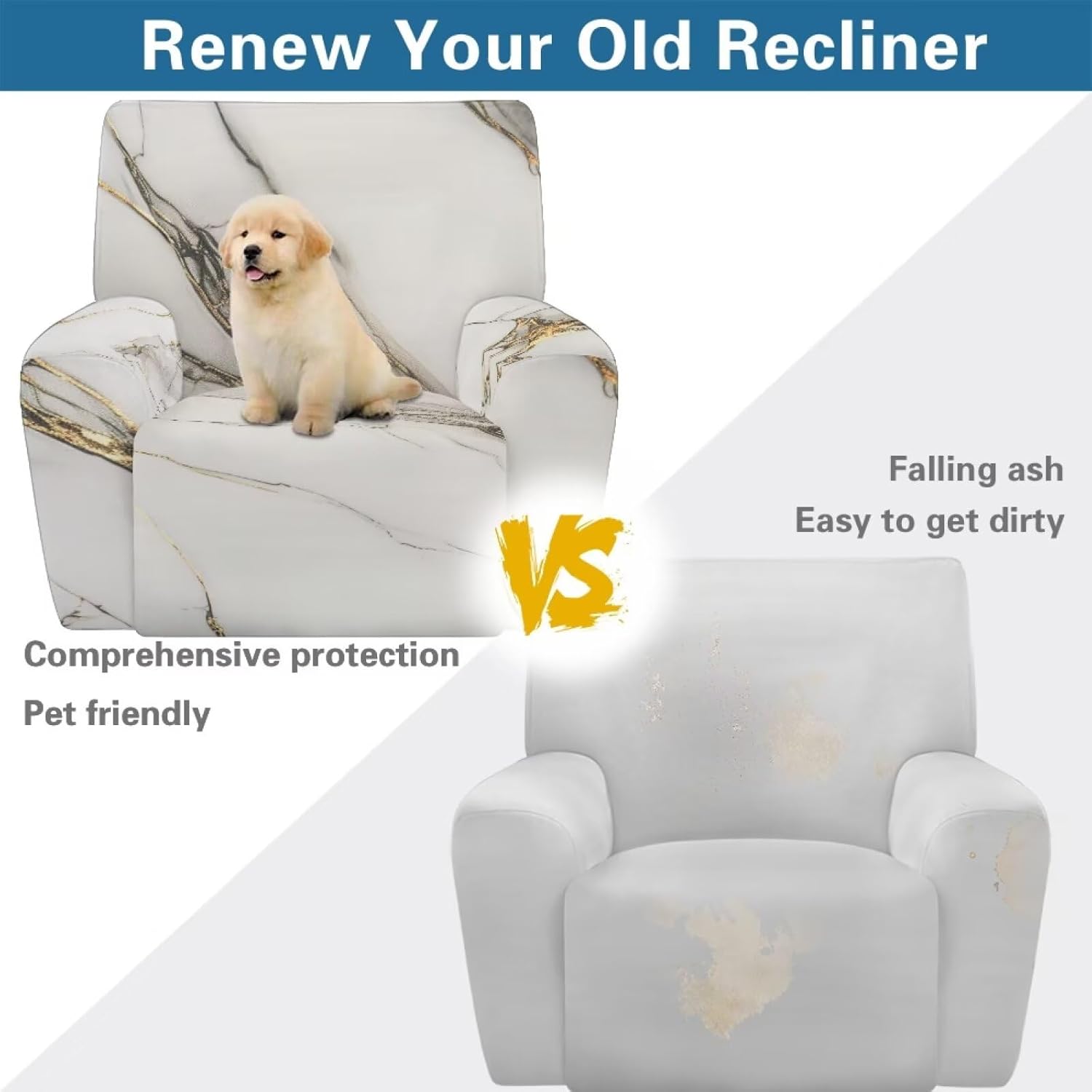 White Marble Stretch Chair Sofa Slipcover – Recliner Couch Cover with Pockets, Washable Skin-Friendly Fabric, Non-Slip Fit for Lazy Boy & Standard Recliners