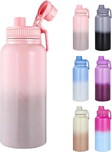 Botella de agua aislada para botella de agua, taza de acero inoxidable de 32 onzas con color gradual, a prueba de fugas, asa de transporte, 12 horas