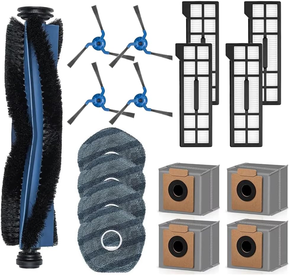 17Pcs X10 Pro Omni Replacement Parts Compatible with Eufy X10 Pro Omni Robot Vacuum Accessories, 1 Main Roller Brush, 4 Dust Bags, 4 Side Brushes, 4 Hepa Filters, 4 Mop Pads
